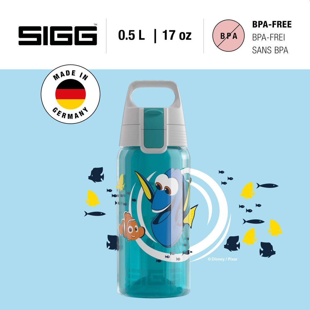 Blaue SIGG-Flasche mit Nemo und Dorie, BPA-frei, 0,5 L, made in Germany.