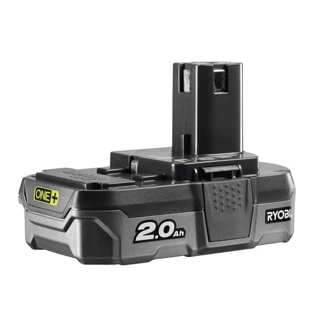 Ein schwarzer Ryobi 2.0Ah Akku mit gelbem ONE+ Logo, auf weißem Hintergrund.