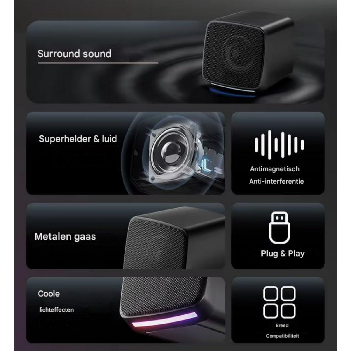 Schwarzer Lautsprecher mit Surround-Sound, Metallgitter und Lichteffekten.