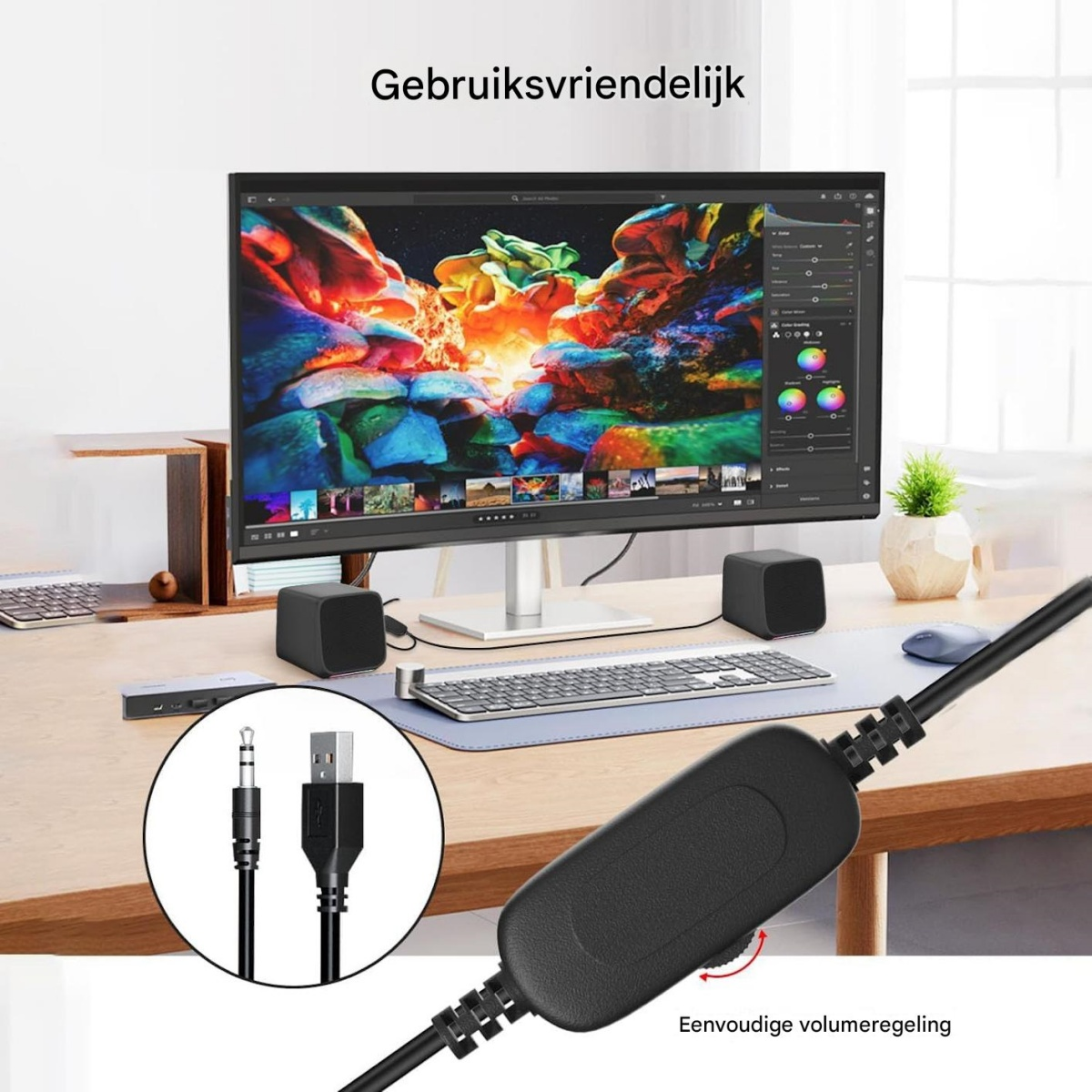 Ein Schreibtisch mit einem Monitor, Tastatur, Maus, Lautsprechern und Kabeln.