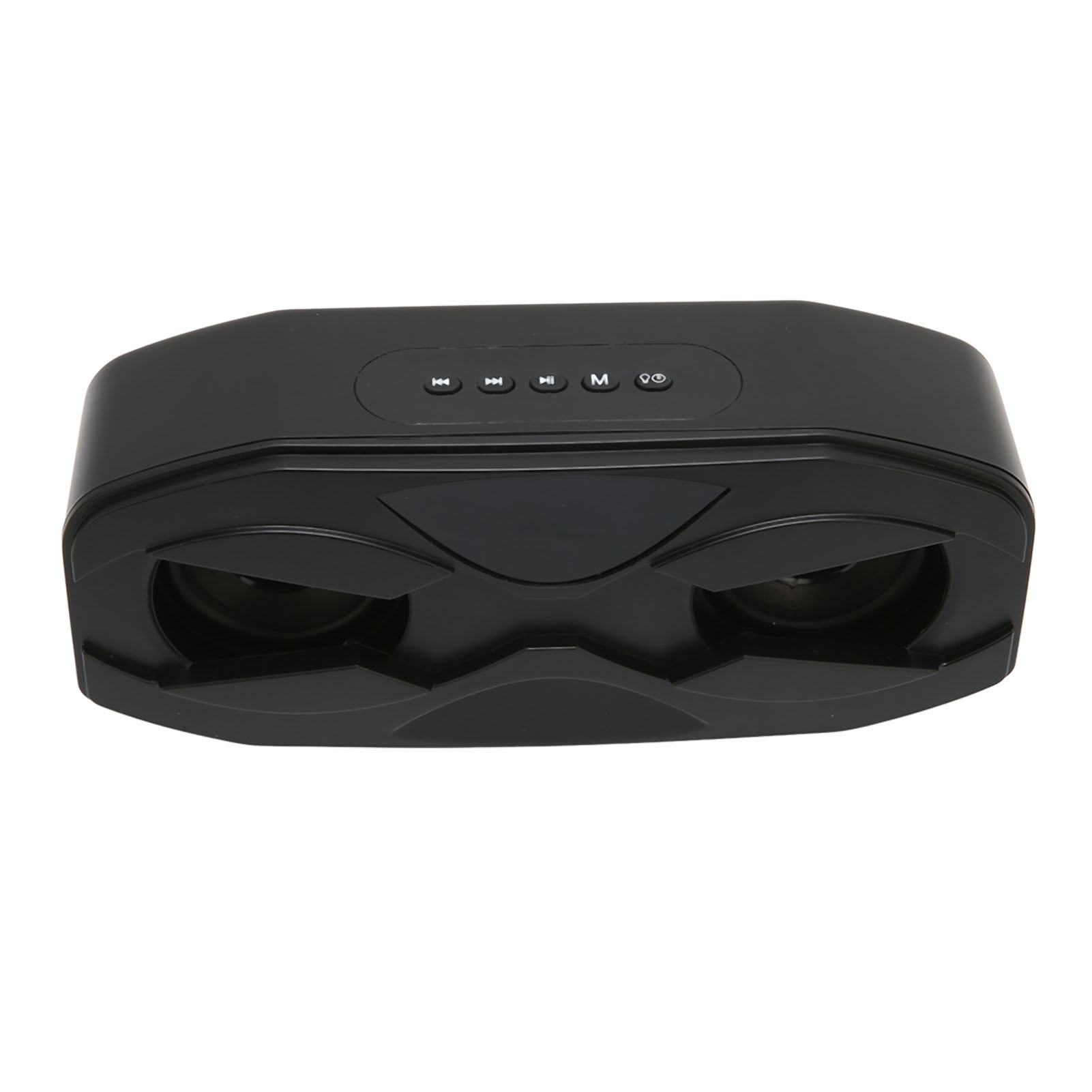Schwarzer tragbarer Bluetooth-Lautsprecher mit zwei Treibern und Bedienelementen.