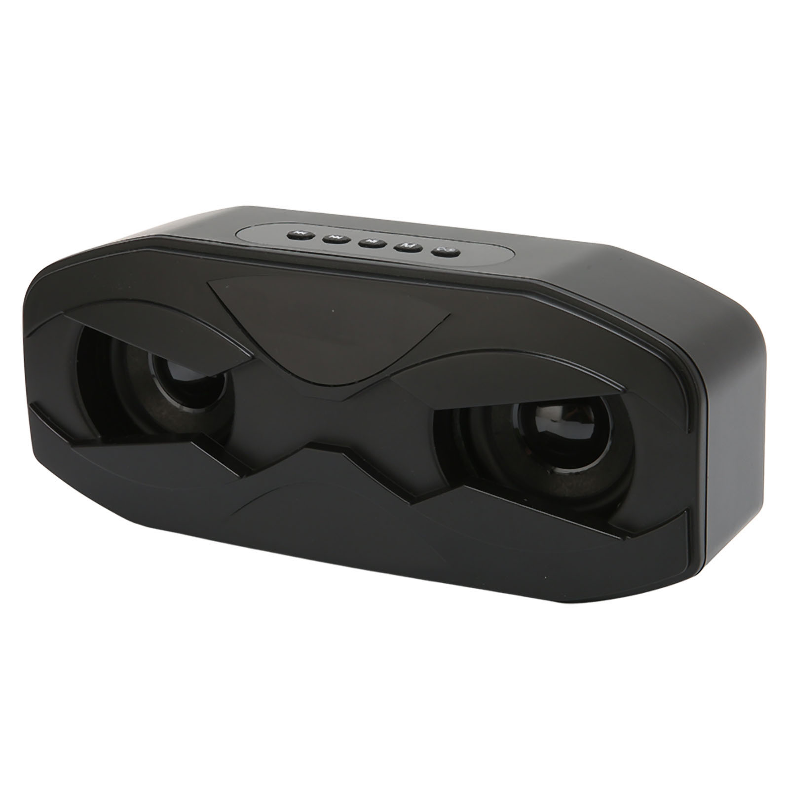 Schwarzer Bluetooth-Lautsprecher mit zwei Treibern und Tasten oben.