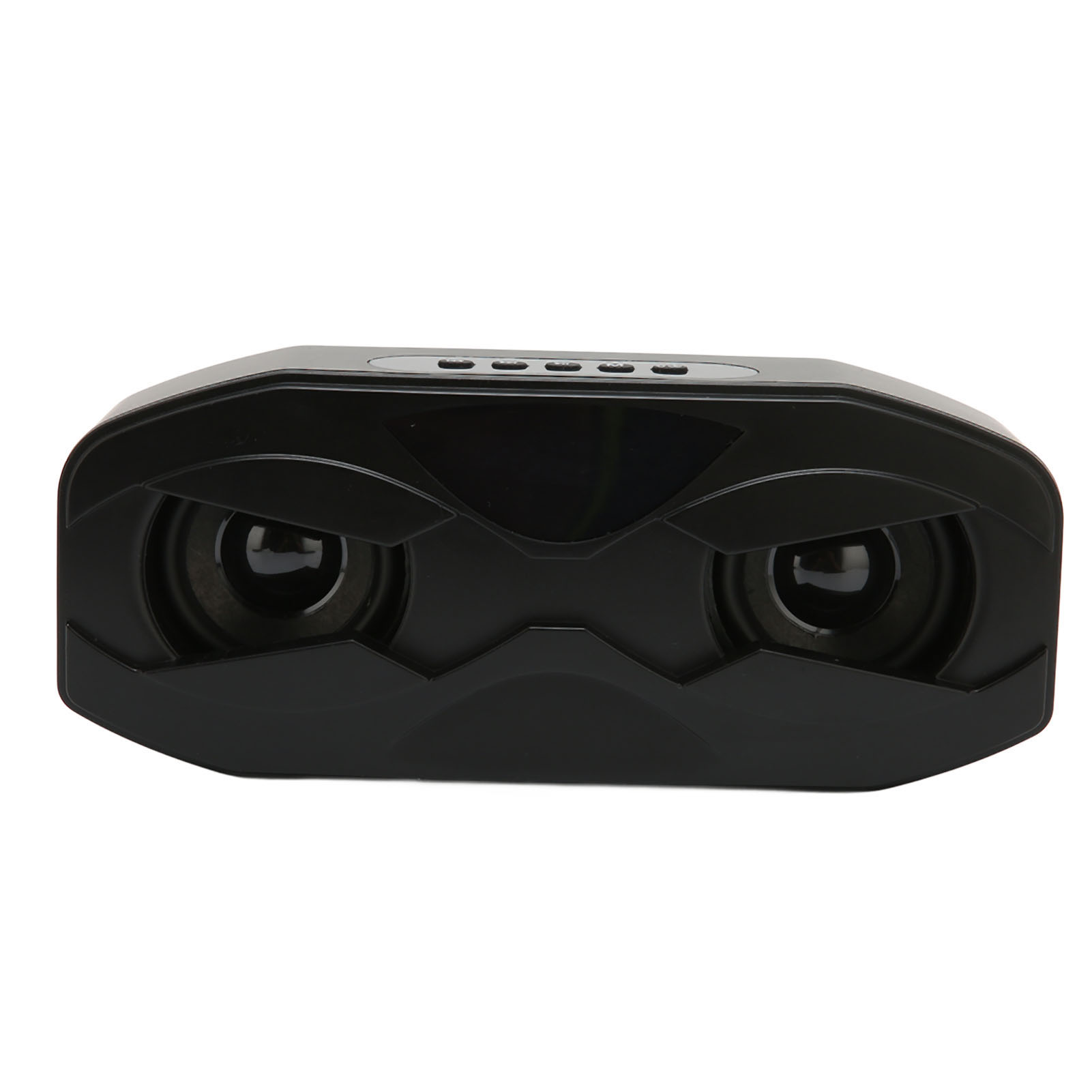Schwarzer Bluetooth-Lautsprecher mit zwei runden Lautsprechern und Tasten oben.