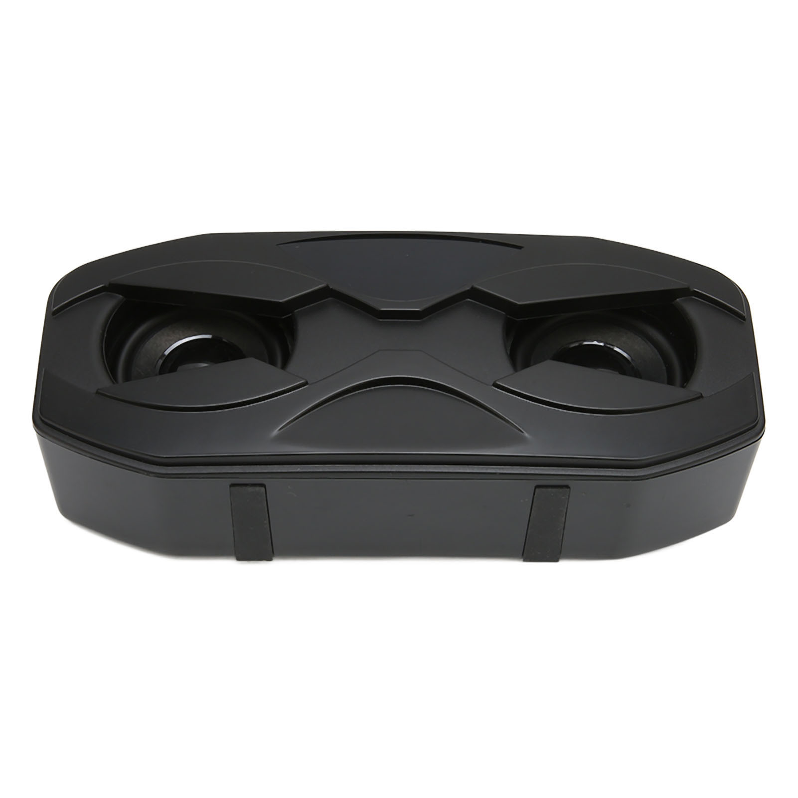 Schwarzer Doppel-Subwoofer mit einem kantigen Gehäuse und zwei runden Lautsprechern.