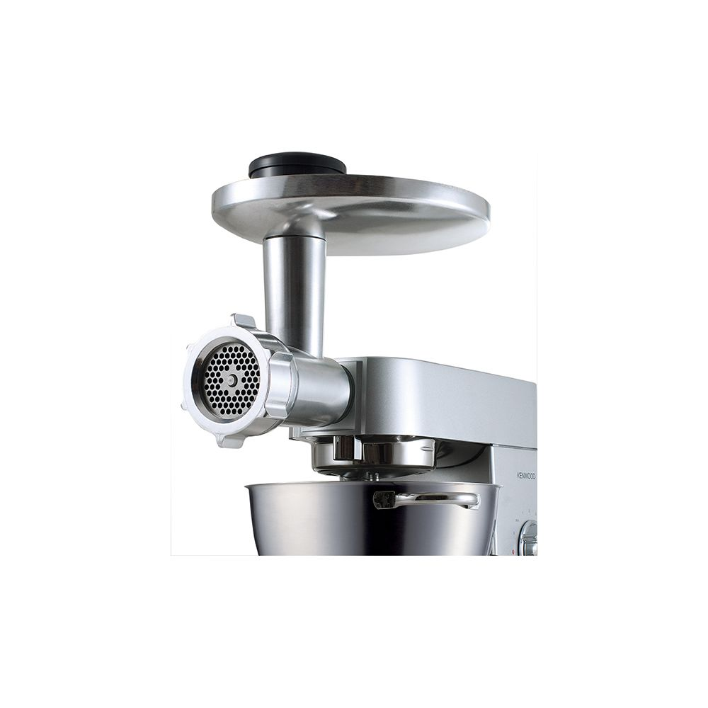 Robot da cucina argento con accessorio tritacarne e ciotola in acciaio inox.