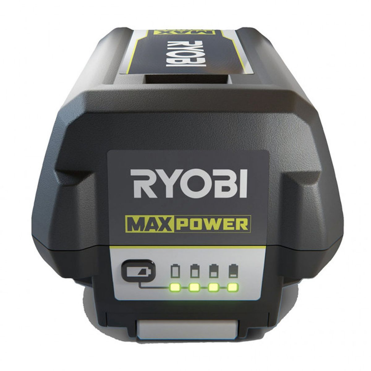 Schwarzer Ryobi Max Power Akku mit Ladeanzeige, 4 grüne Lichter leuchten.
