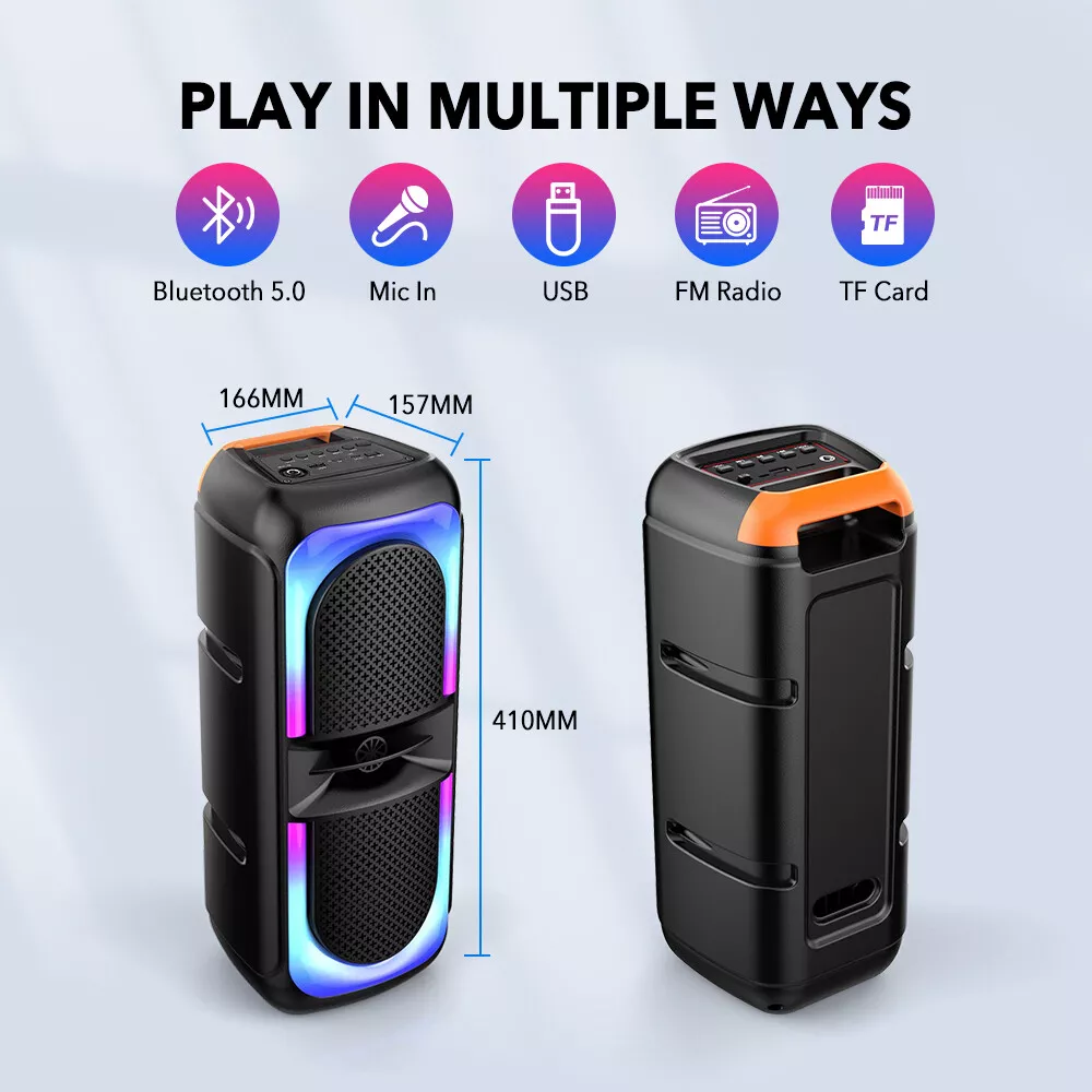 Schwarzer Bluetooth-Lautsprecher mit bunten Lichtern und Maangaben.