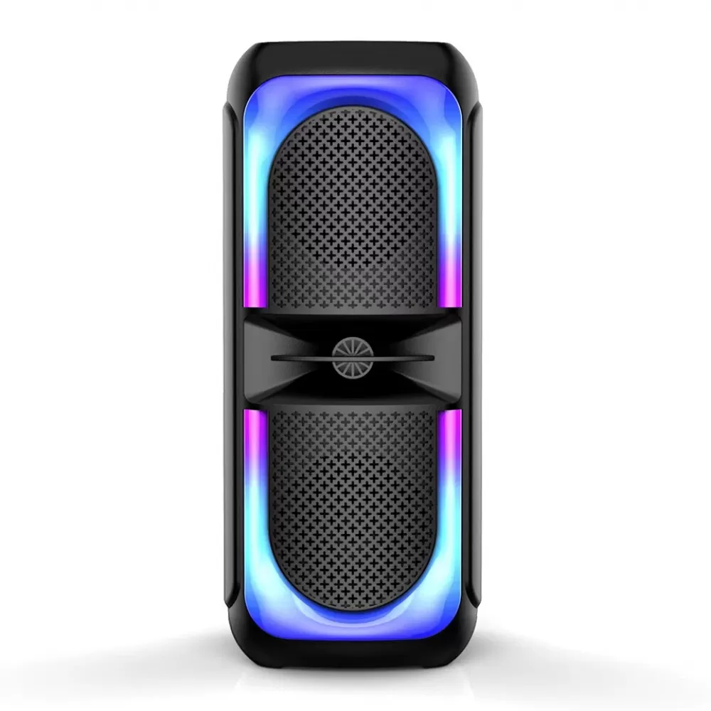 Schwarzer Lautsprecher mit RGB-Beleuchtung und zwei Lautsprechergittern.