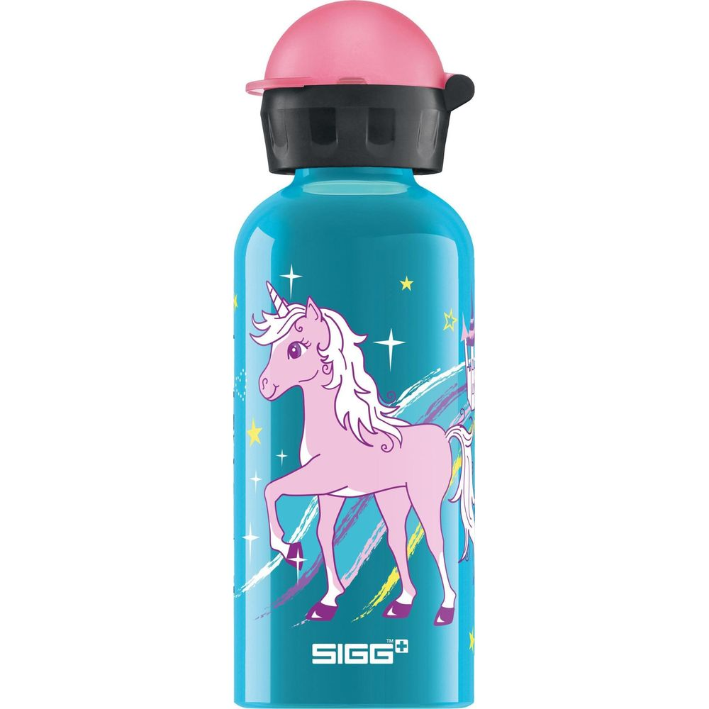 Blaue Flasche mit pinkem Einhorn und Sternen, pinker Deckel.