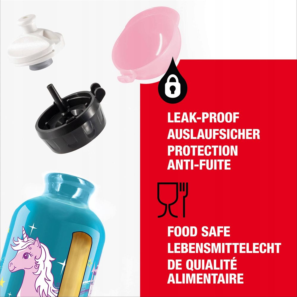 Flaschenteile: Deckel, Verschluss, Becher. Text: LEAK-PROOF, FOOD SAFE.