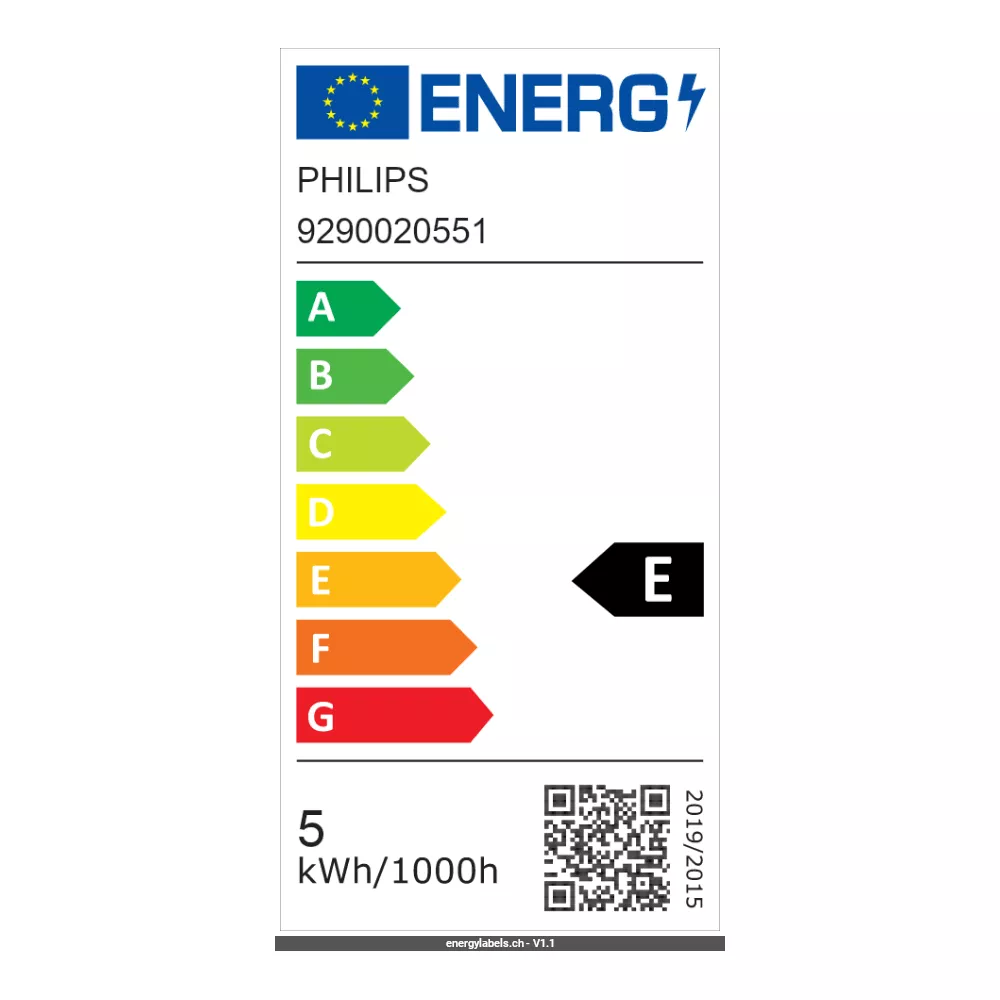 Etichetta di efficienza energetica con logo Philips, classe E, 5 kWh/1000h.