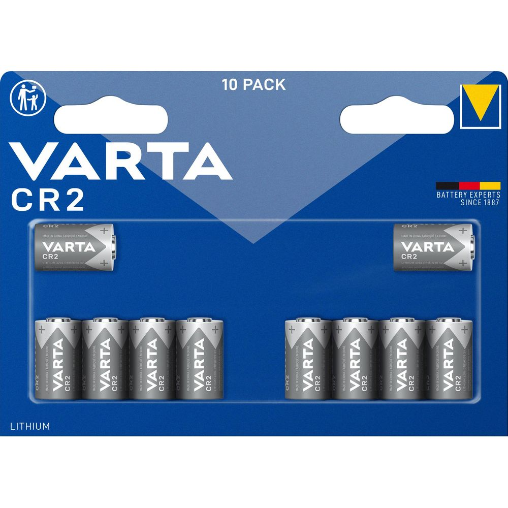 Verpackung mit 10 Varta CR2 Lithiumbatterien.