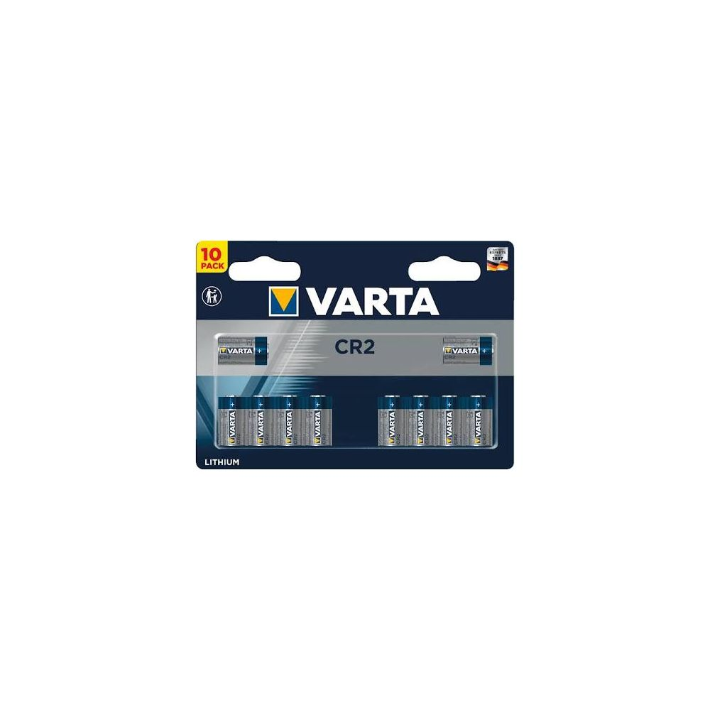 Varta CR2 Lithium 10er Pack Batterien auf weißem Hintergrund.