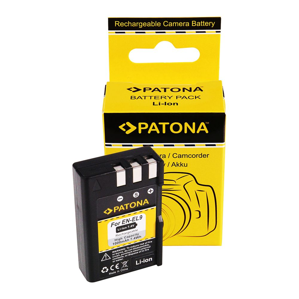 Eine schwarze PATONA Li-Ion Kamera-Batterie mit gelber Verpackung.