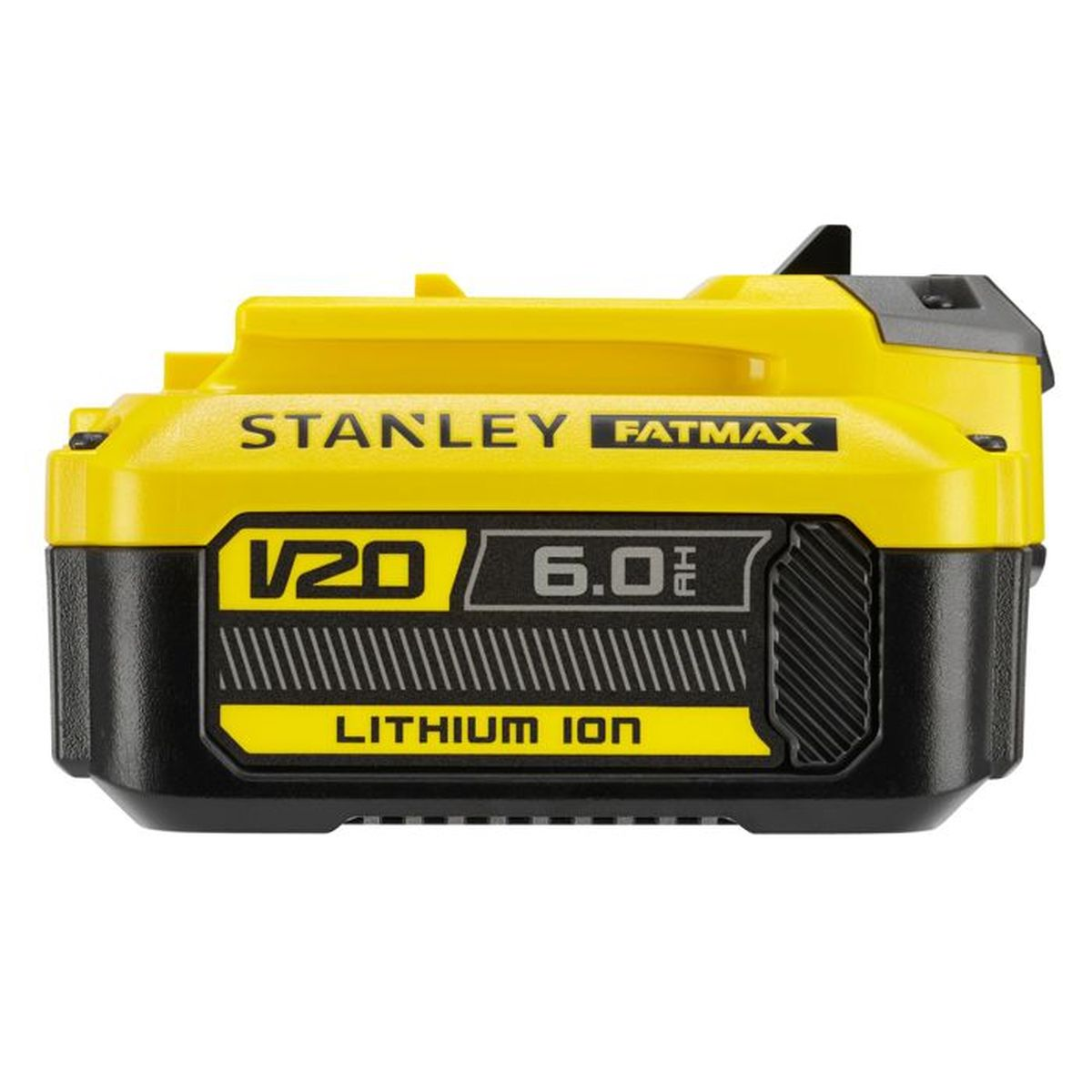 Gelber Stanley Fatmax Akku mit 20V und 6.0Ah Anzeige.