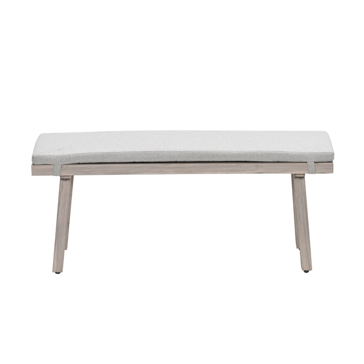 Een grijze gestoffeerde bank met licht houten frame op witte achtergrond.