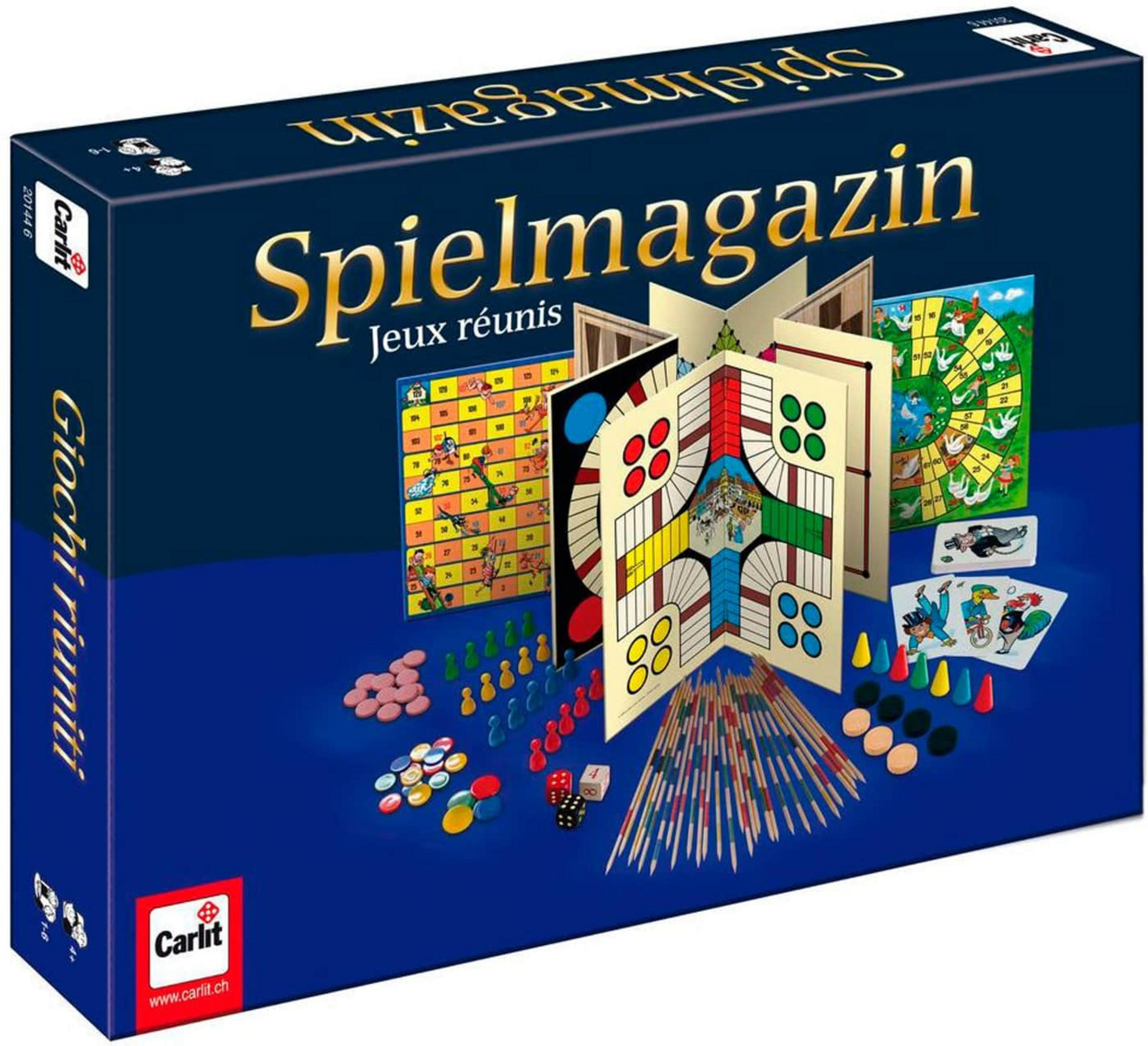 Scatola del gioco da tavolo Spielmagazin con pezzi colorati, dadi e tabelloni.