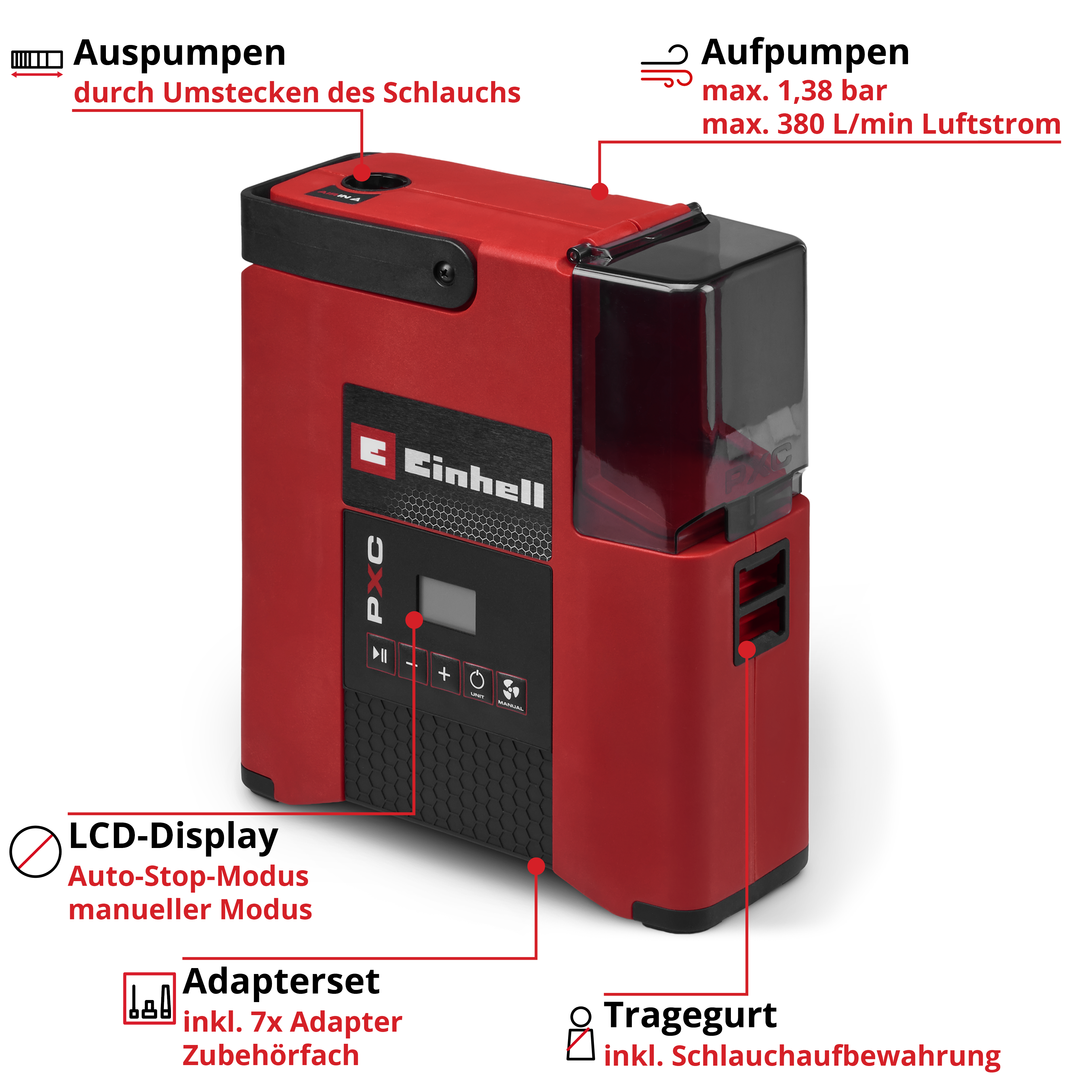 Rote Pumpe mit LCD-Display, Adapterset und Tragegurt. Beschriftungen für Aufpumpen & Auspumpen.