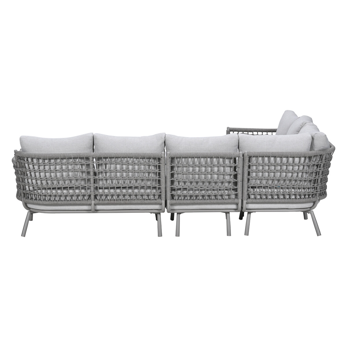 Gray sectional sofa with woven sides and light gray cushions on metal legs.