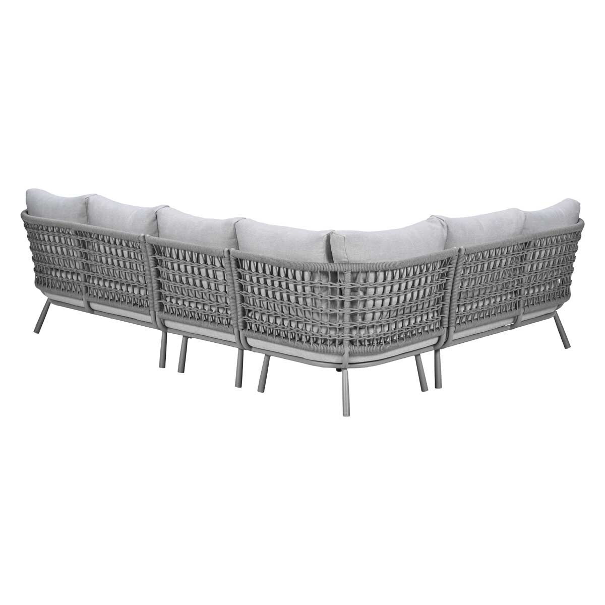 Gray rattan sectional sofa with light gray cushions, shown from the back.