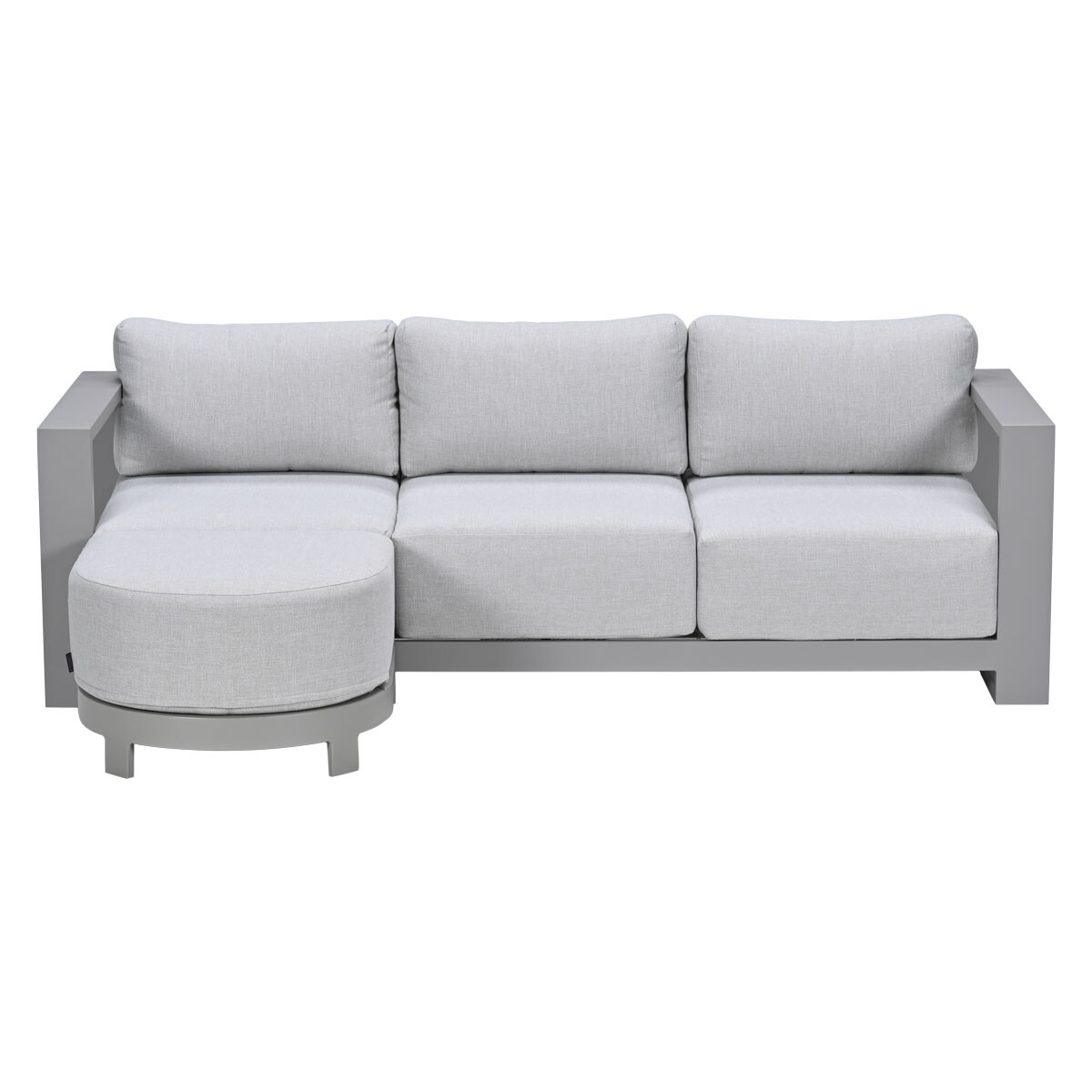 Een lichtgrijze hoekbank met een chaise longue.