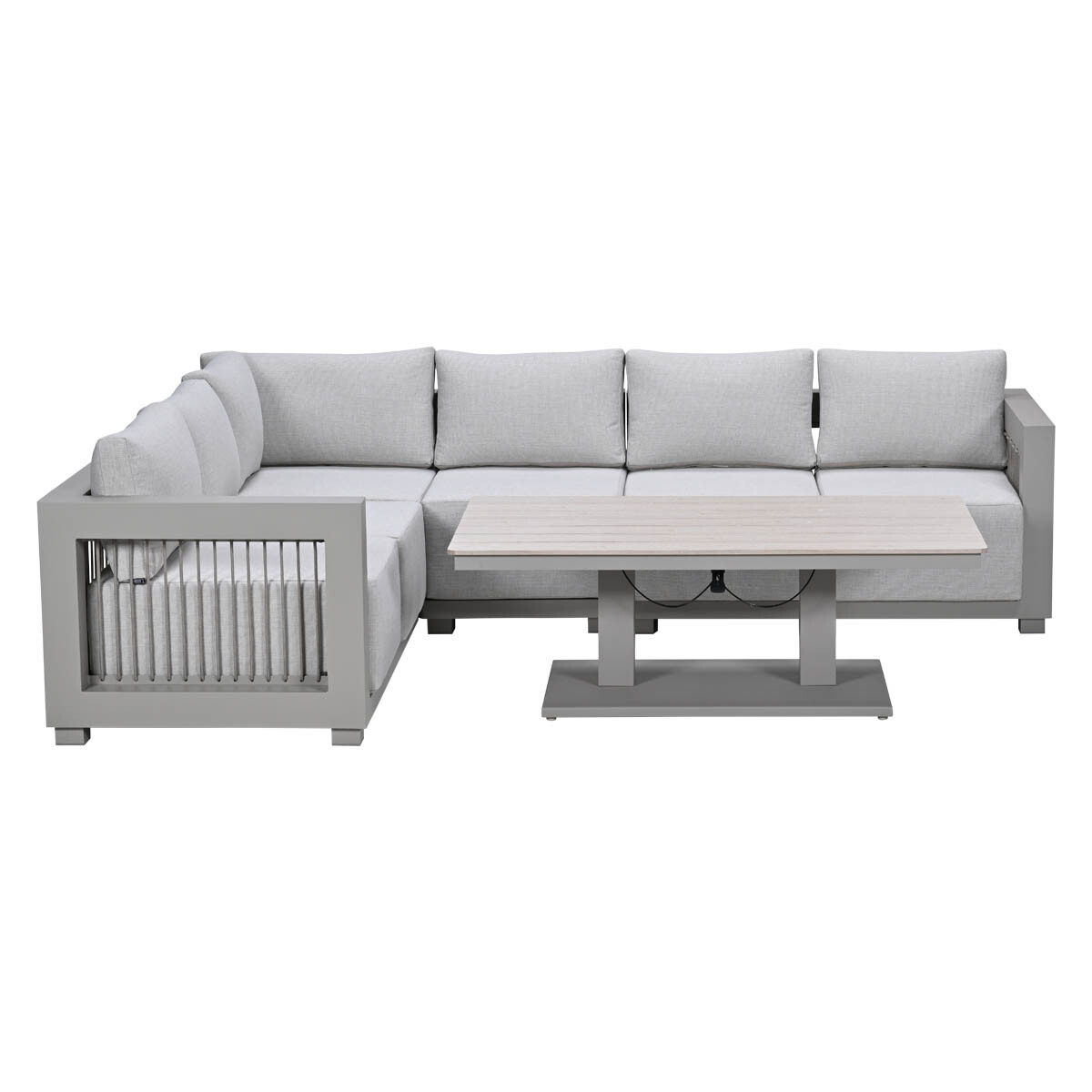 Grijze hoekbank met salontafel.