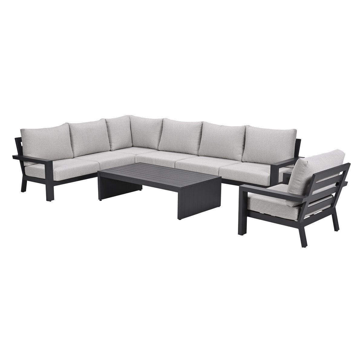 Gray sectional sofa and armchair with a dark coffee table.
