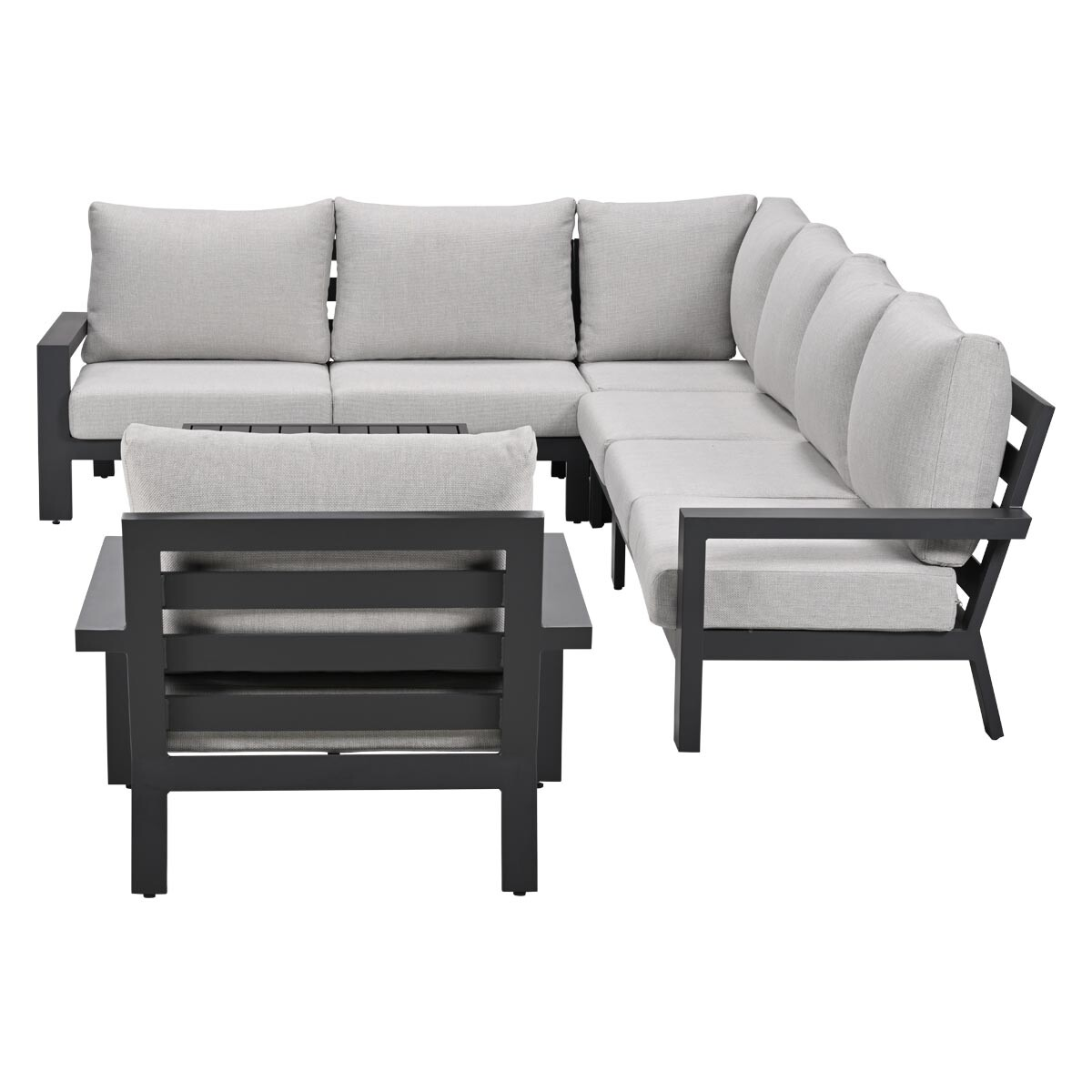 Gray sectional sofa and armchair with dark metal frames.