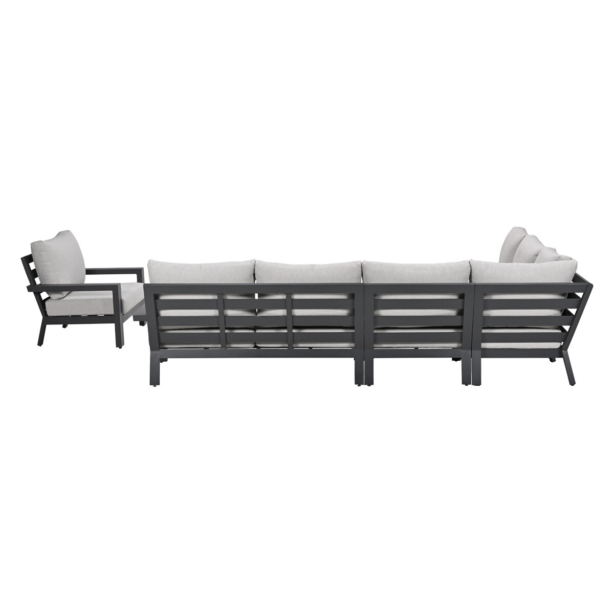 Gray outdoor furniture: armchair and sectional sofa with light gray cushions.