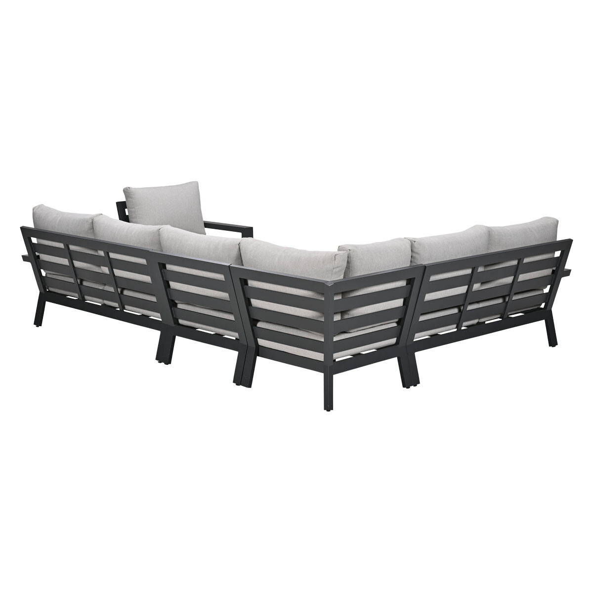 Gray fabric sectional sofa with dark metal frame, viewed from rear.