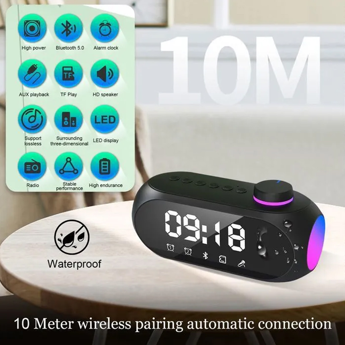 Schwarzer Bluetooth-Lautsprecher mit digitaler Uhrzeit, Icons und Wasserschutz.