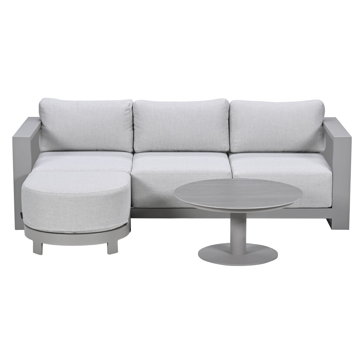 Grey sectional sofa with ottoman and round coffee table.