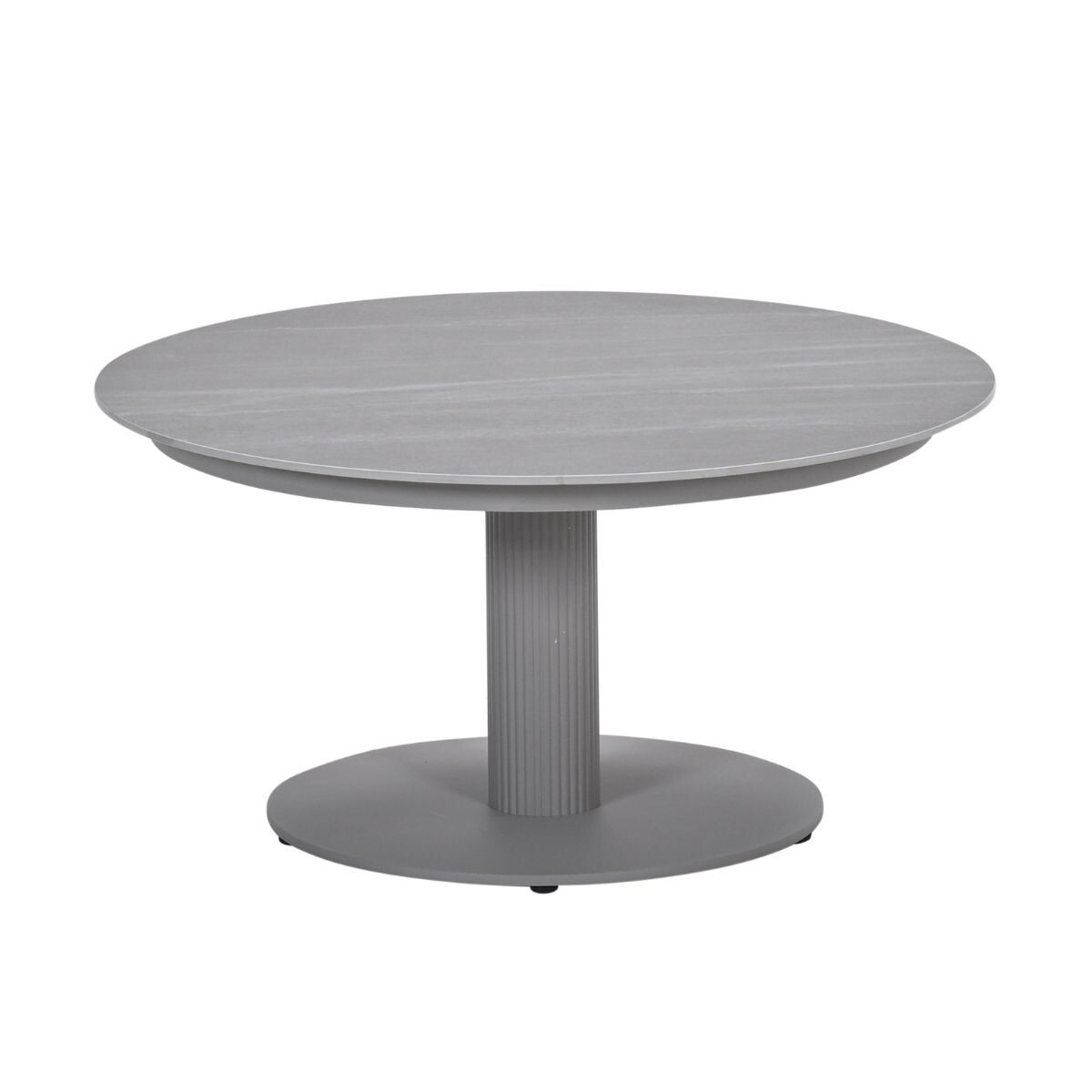 Gray round table with a pedestal base and ribbed stem.