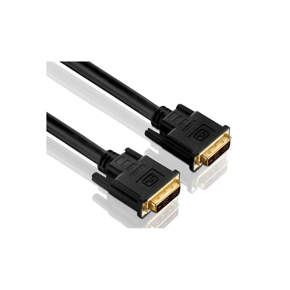 Zwei schwarze DVI-Kabel mit goldenen Anschlüssen auf weißem Hintergrund.