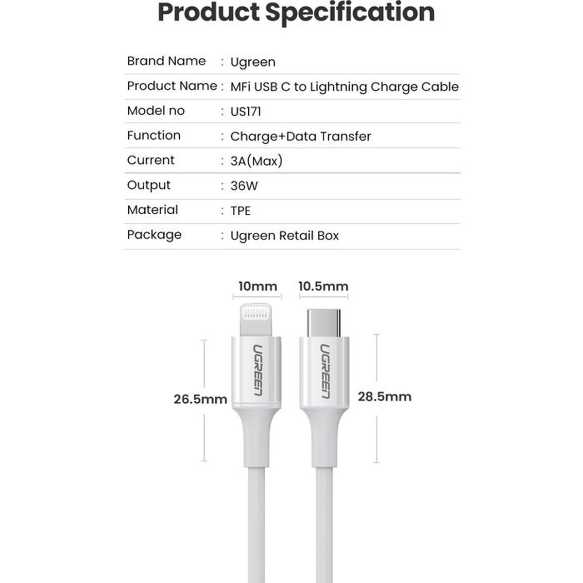 Specyfikacja produktu kabla Ugreen MFi USB C do Lightning.