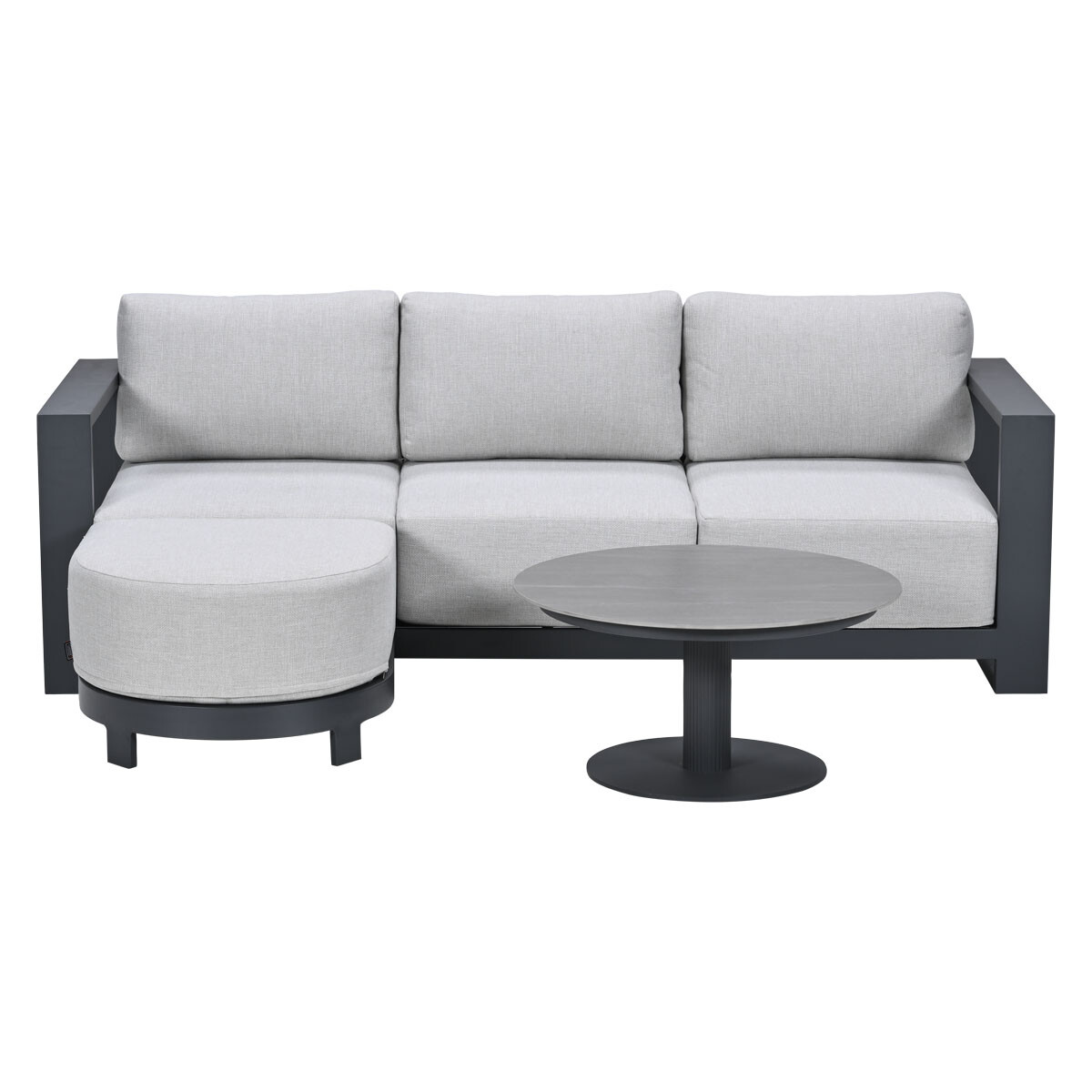 Gray sectional sofa with ottoman and round coffee table with dark base.