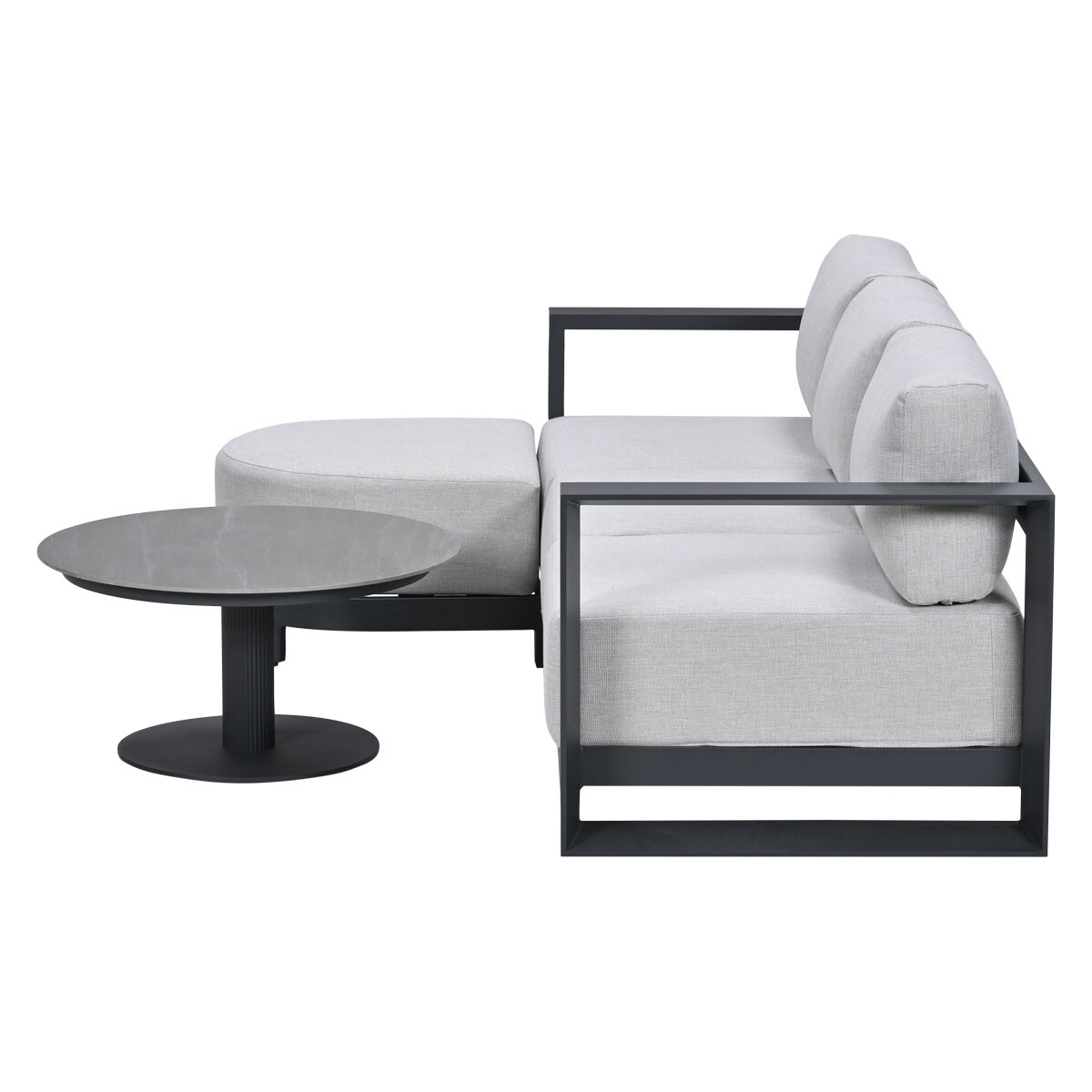 Gray sectional sofa with ottoman and gray table on black base.
