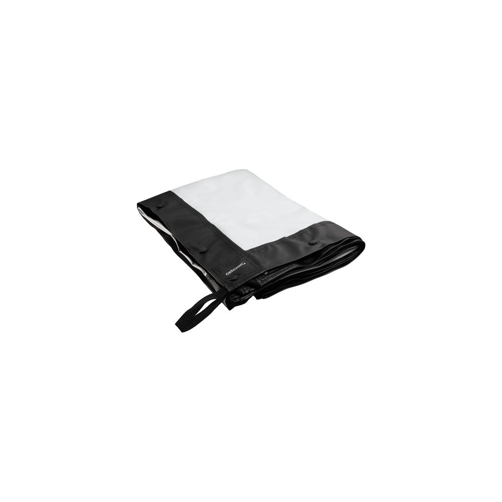 Un écran de projection blanc plié avec bordure noire et une boucle.