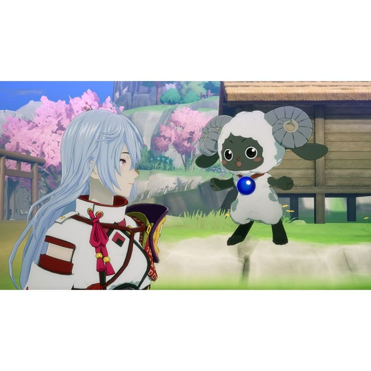 Un personaggio anime con capelli blu e un personaggio di pecora con una palla blu.