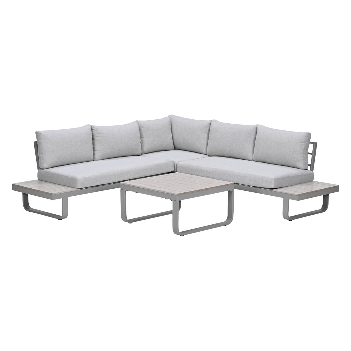 Gray sectional sofa with light cushions and wooden table on white background.