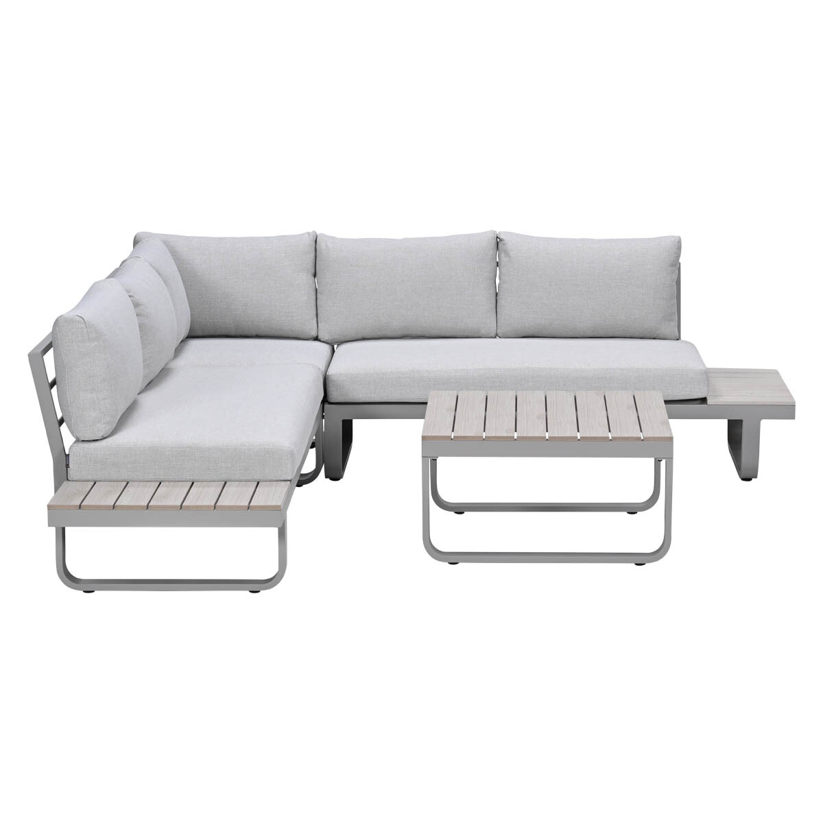 Gray sectional sofa with wood accents and a wood coffee table.