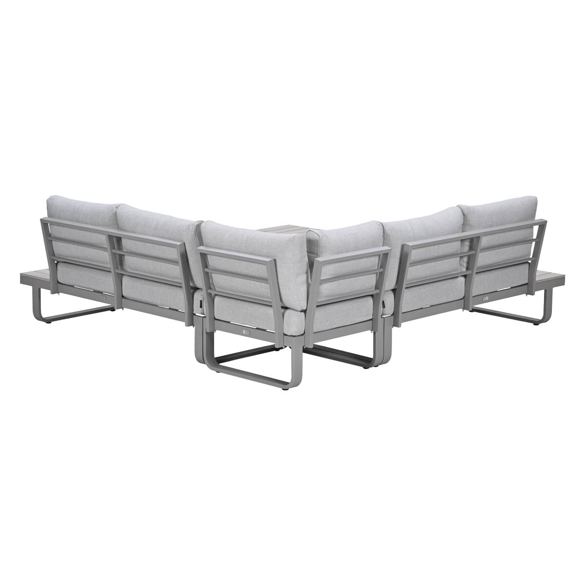 Gray sectional sofa with metal frame and light gray cushions, shown from the back.