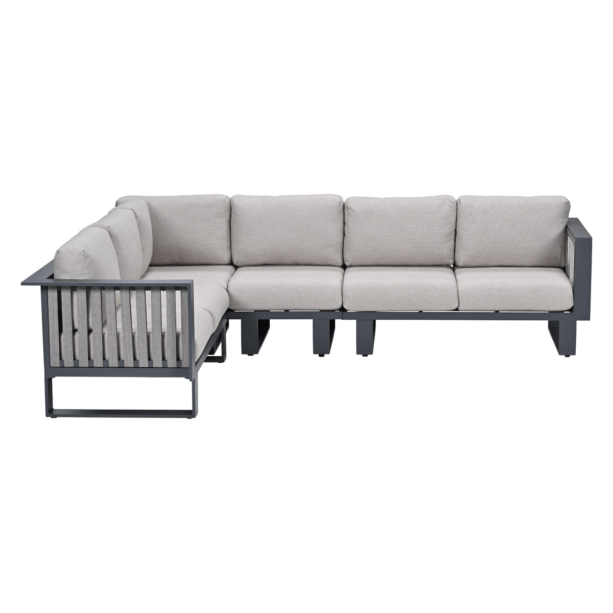 Gray sectional sofa with a metal frame and light gray cushions.