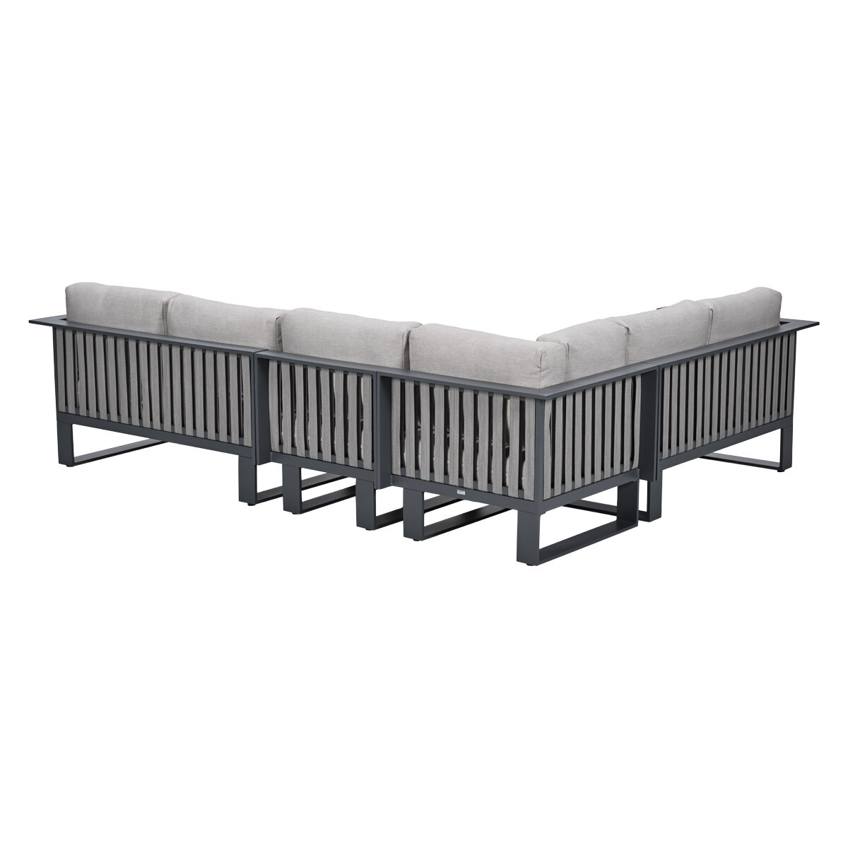 Gray sectional sofa with metal frame and vertical slats.