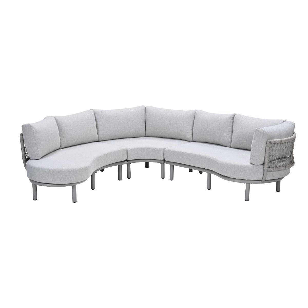 A curved grey sofa with multiple cushions and a woven armrest on a white background.