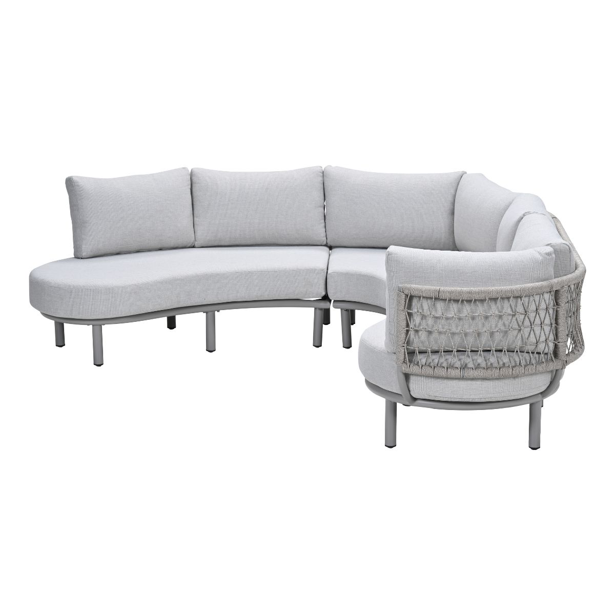 Gray sectional sofa with three cushions and woven back on metal legs.