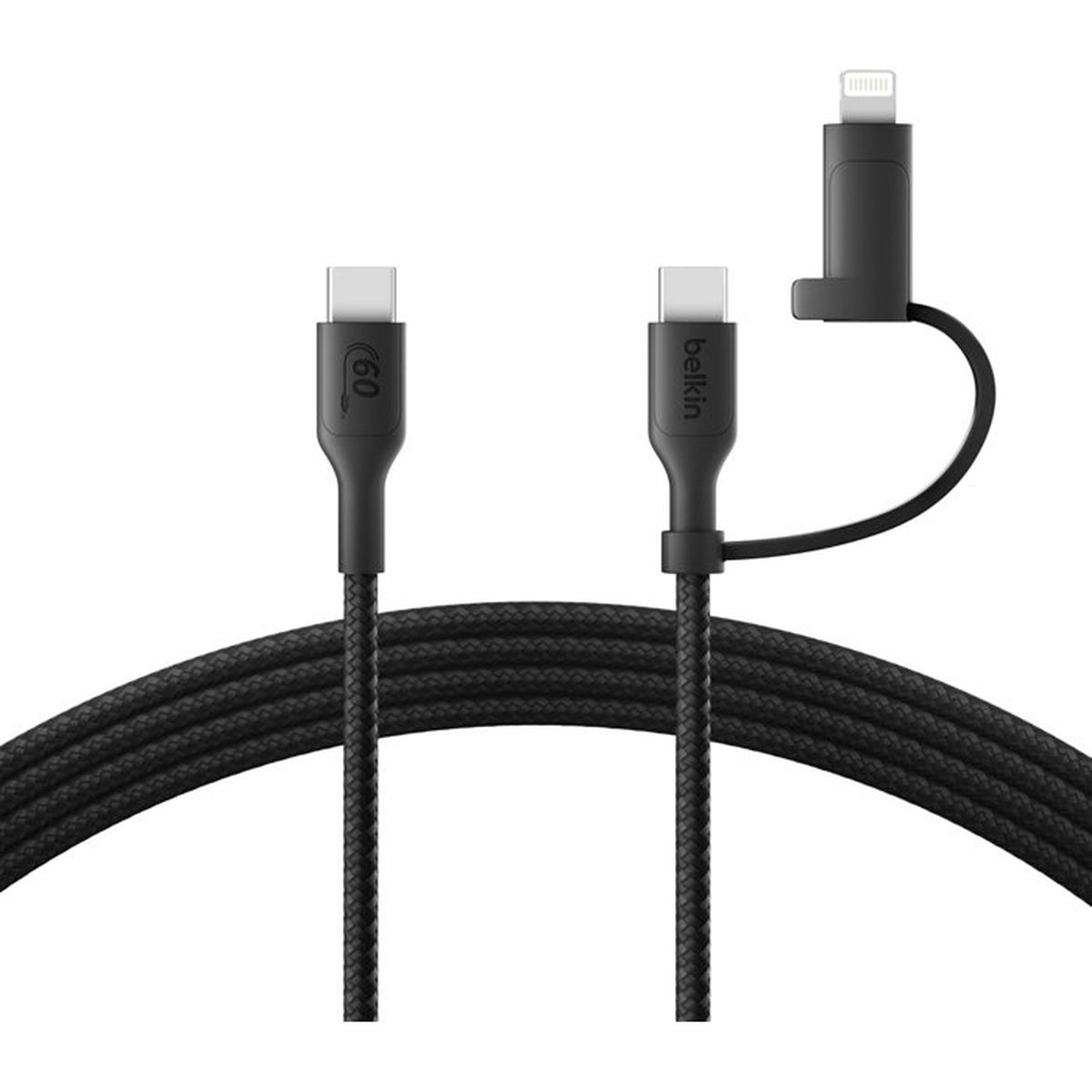 Câble de chargement noir avec connecteurs USB-C et Lightning.