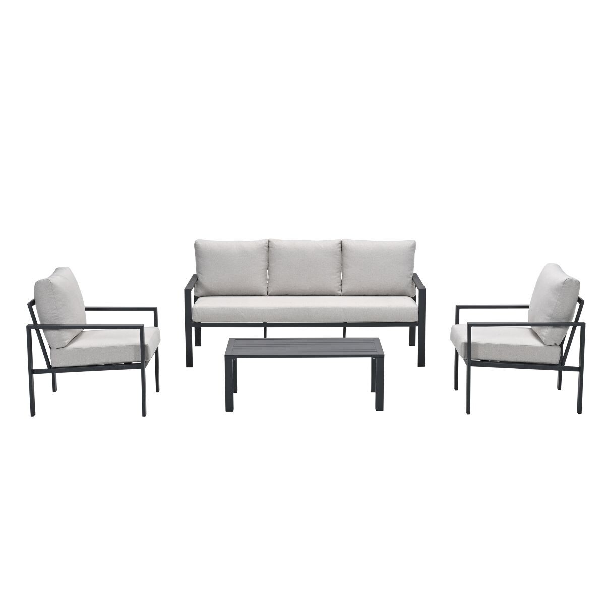 A three-seater sofa, two armchairs, and a coffee table in black metal with light grey cushions.