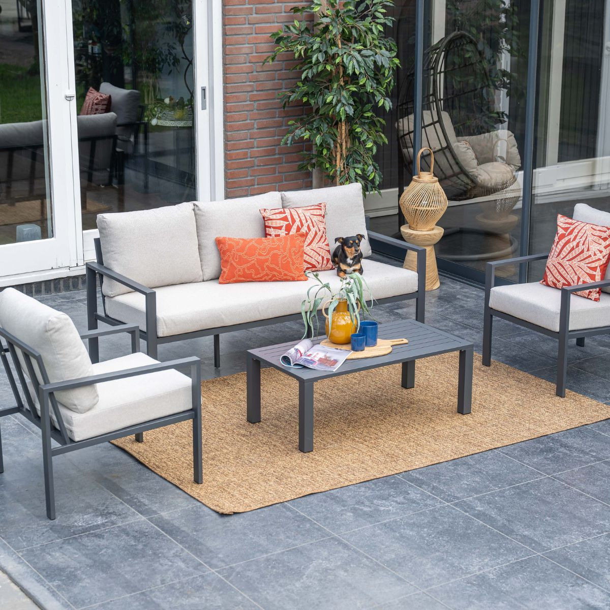 Outdoor furniture set with sofa, chairs, coffee table, rug, and dog.