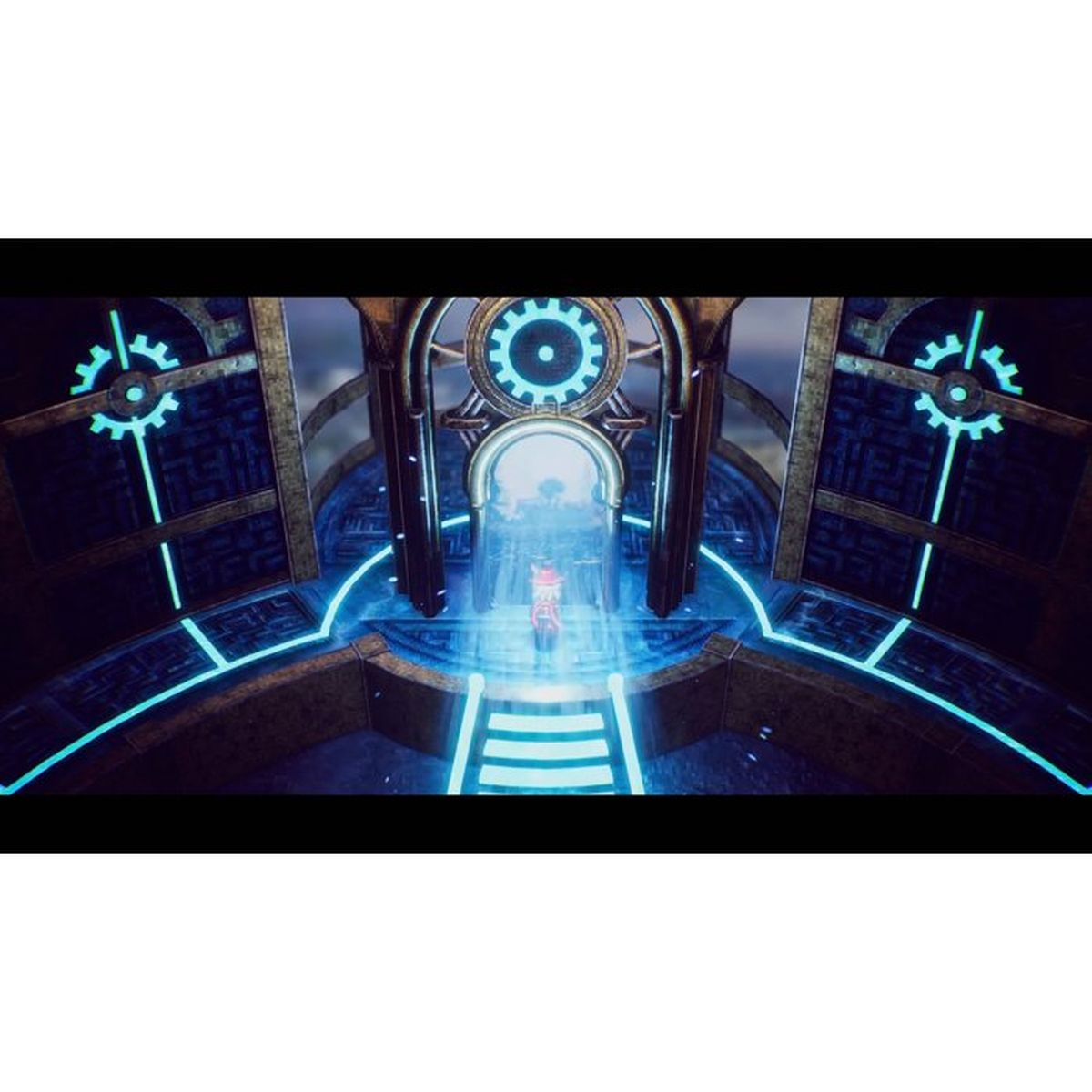 Una figura se alza en un pasillo futurista con luces azules y patrones de engranajes.
